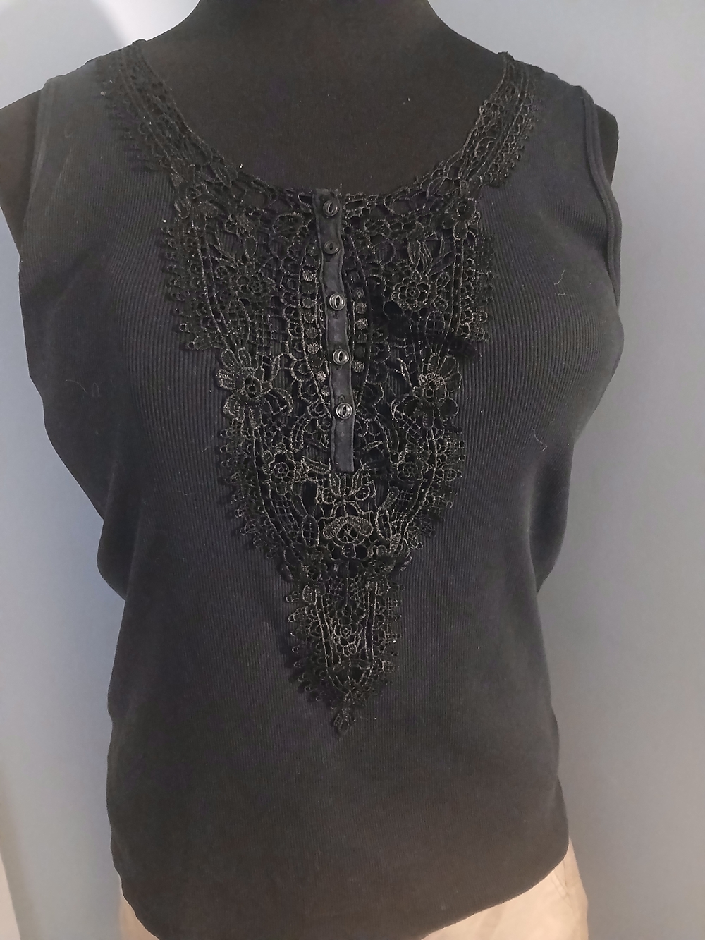 Ralph Lauren Black Lace-Front Ribbed Tank